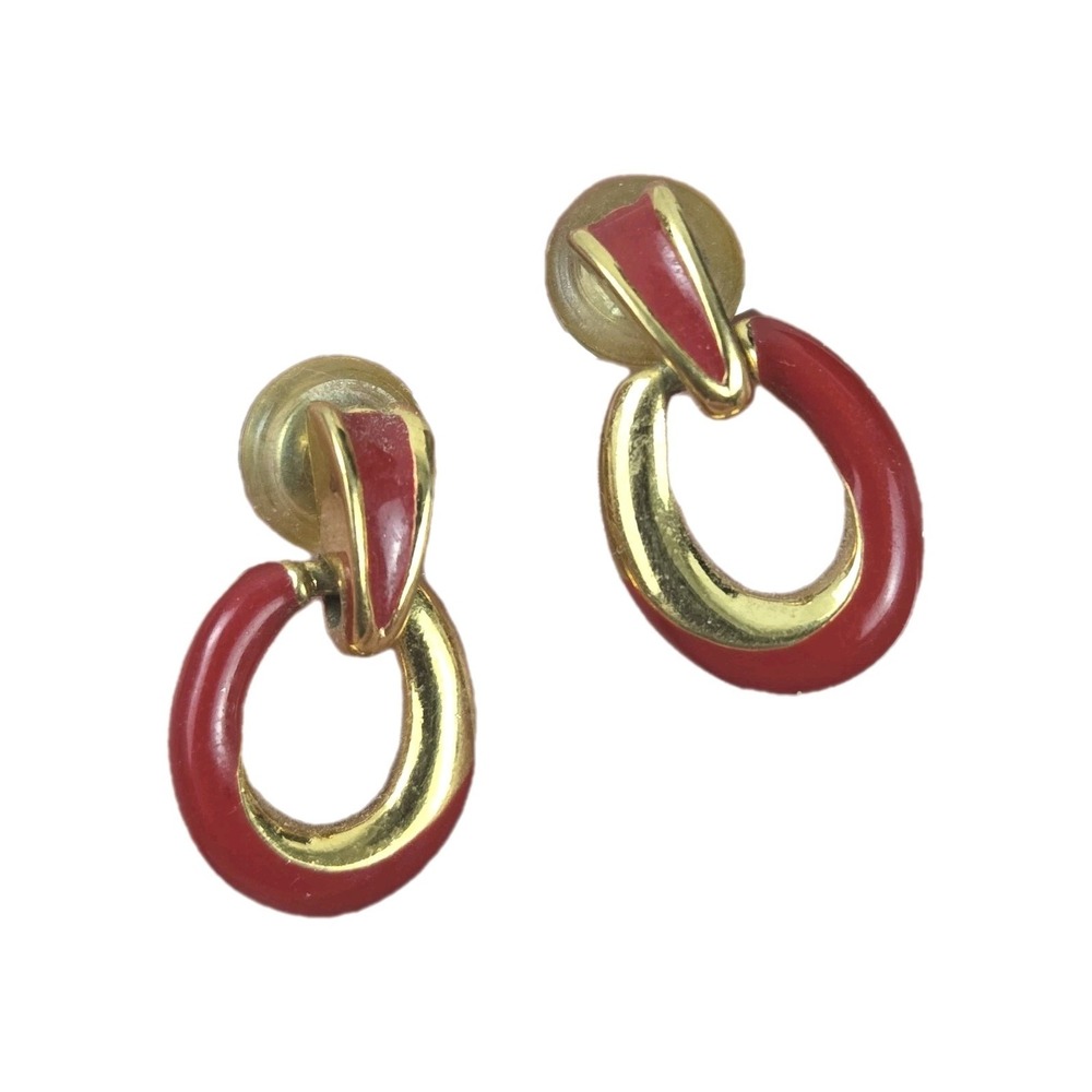 Vtg 80s Napier Red Enamel and Gold‎ Tone Small Dangle Door Knocker Post Earrings
